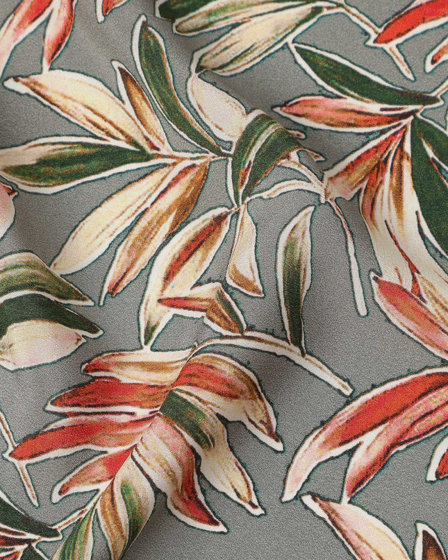 Grey Green Tropical Leaf Print Premium Silk Crepe Fabric, 110 Cms, India-D26874