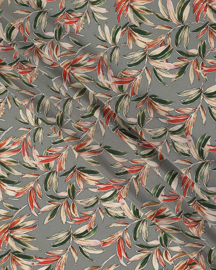 Grey Green Tropical Leaf Print Premium Silk Crepe Fabric, 110 Cms, India-D26874