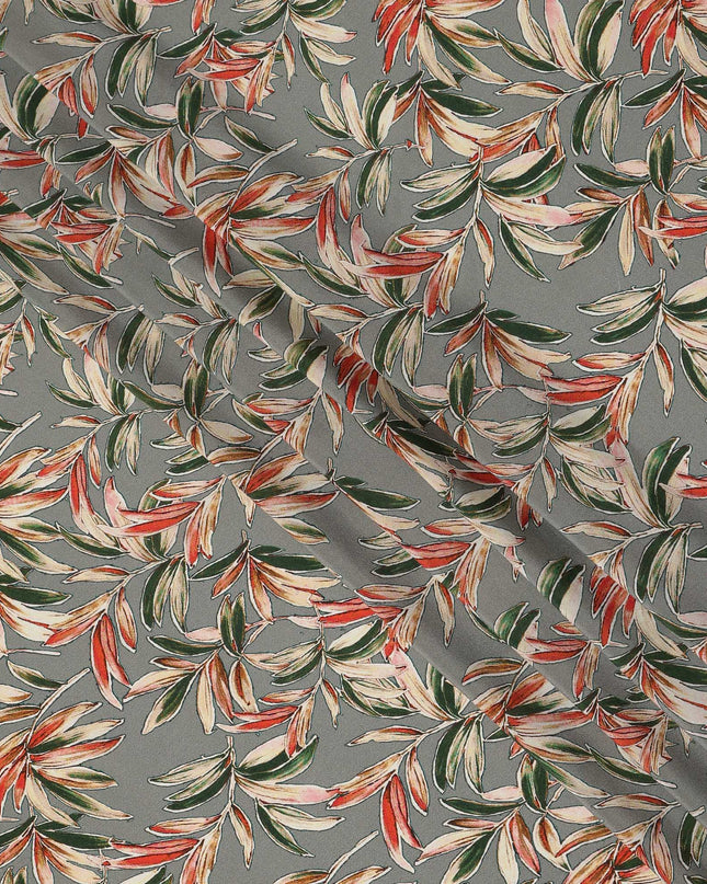 Grey Green Tropical Leaf Print Premium Silk Crepe Fabric, 110 Cms, India-D26874
