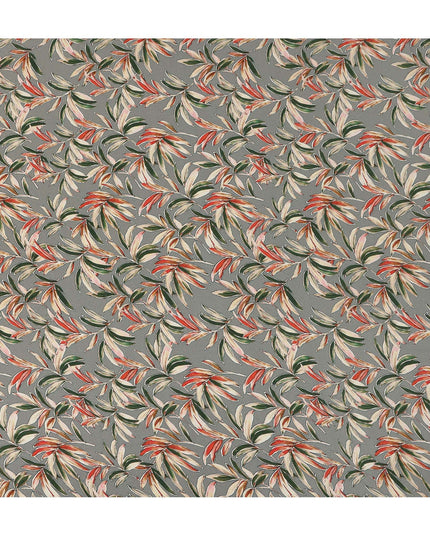 Grey Green Tropical Leaf Print Premium Silk Crepe Fabric, 110 Cms, India-D26874