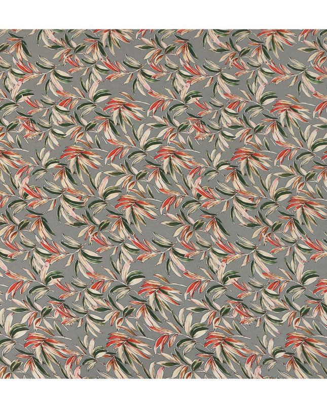Grey Green Tropical Leaf Print Premium Silk Crepe Fabric, 110 Cms, India-D26874