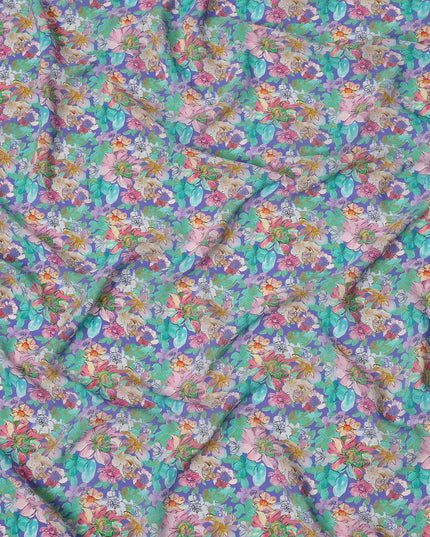Aqua Green Multicolor Floral Allover Print Premium Silk Crepe Fabric, 110 Cms, India-D26883