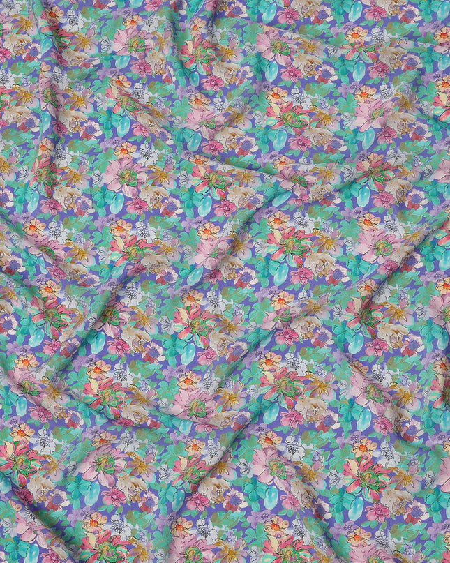 Aqua Green Multicolor Floral Allover Print Premium Silk Crepe Fabric, 110 Cms, India-D26883