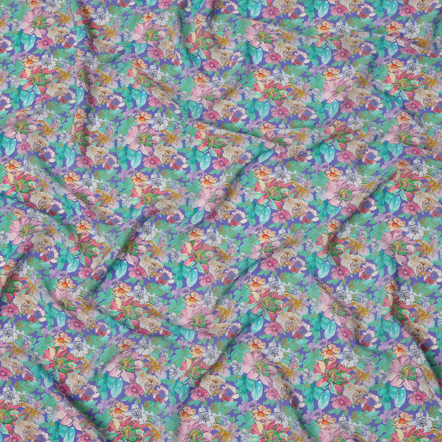Aqua Green Multicolor Floral Allover Print Premium Silk Crepe Fabric, 110 Cms, India-D26883