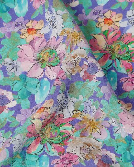 Aqua Green Multicolor Floral Allover Print Premium Silk Crepe Fabric, 110 Cms, India-D26883