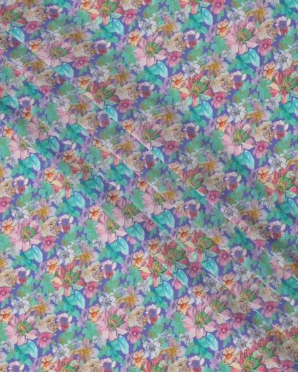 Aqua Green Multicolor Floral Allover Print Premium Silk Crepe Fabric, 110 Cms, India-D26883