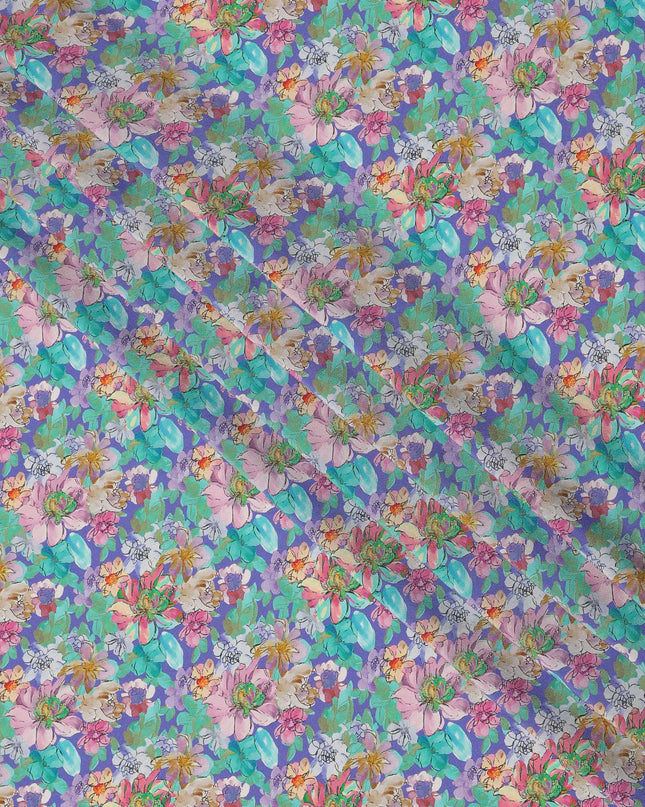 Aqua Green Multicolor Floral Allover Print Premium Silk Crepe Fabric, 110 Cms, India-D26883