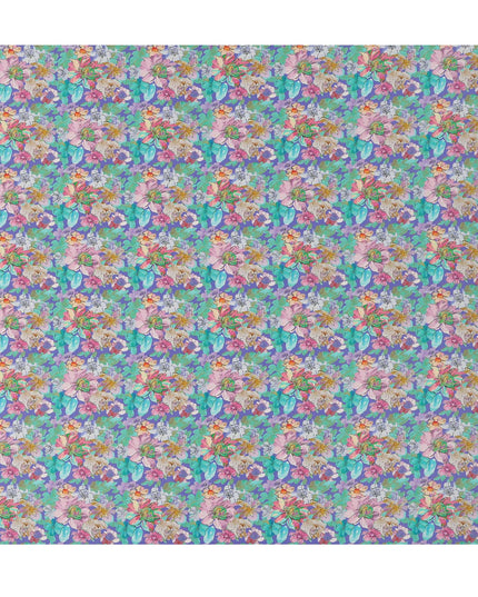 Aqua Green Multicolor Floral Allover Print Premium Silk Crepe Fabric, 110 Cms, India-D26883