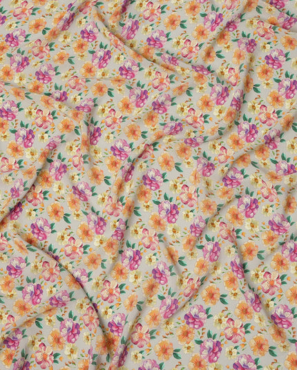 Ivory Multicolor Floral Allover Print Premium Silk Crepe Fabric, 110 Cms, India-D26885