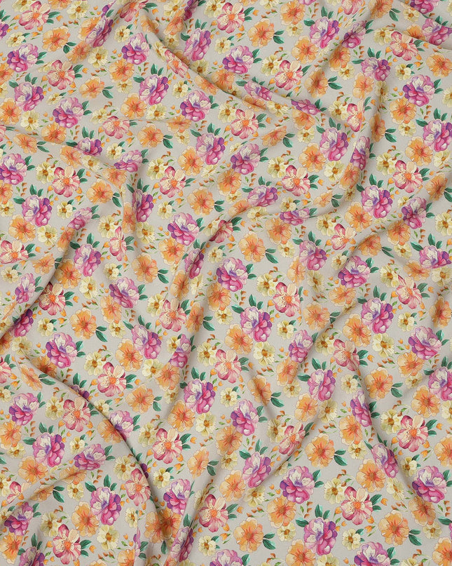 Ivory Multicolor Floral Allover Print Premium Silk Crepe Fabric, 110 Cms, India-D26885