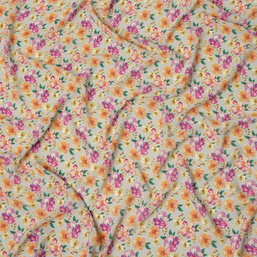 Ivory Multicolor Floral Allover Print Premium Silk Crepe Fabric, 110 Cms, India-D26885