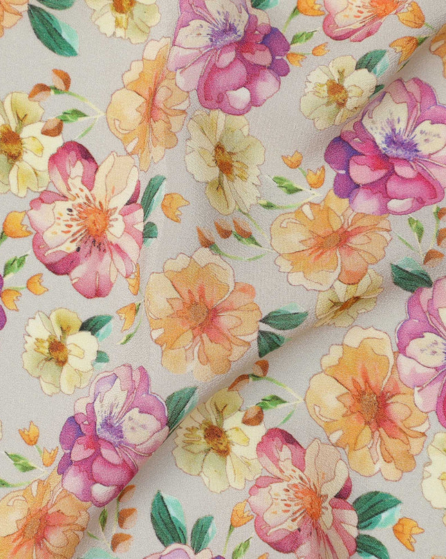 Ivory Multicolor Floral Allover Print Premium Silk Crepe Fabric, 110 Cms, India-D26885