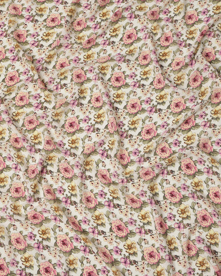 Ivory White Rose Floral Allover Print Premium Silk Crepe Fabric, 110 Cms, India-D26870