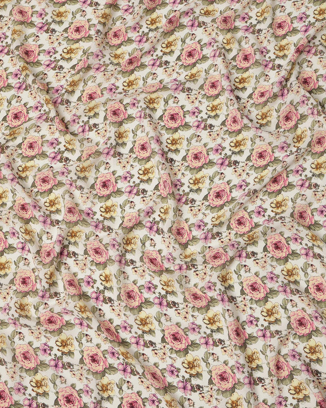 Ivory White Rose Floral Allover Print Premium Silk Crepe Fabric, 110 Cms, India-D26870