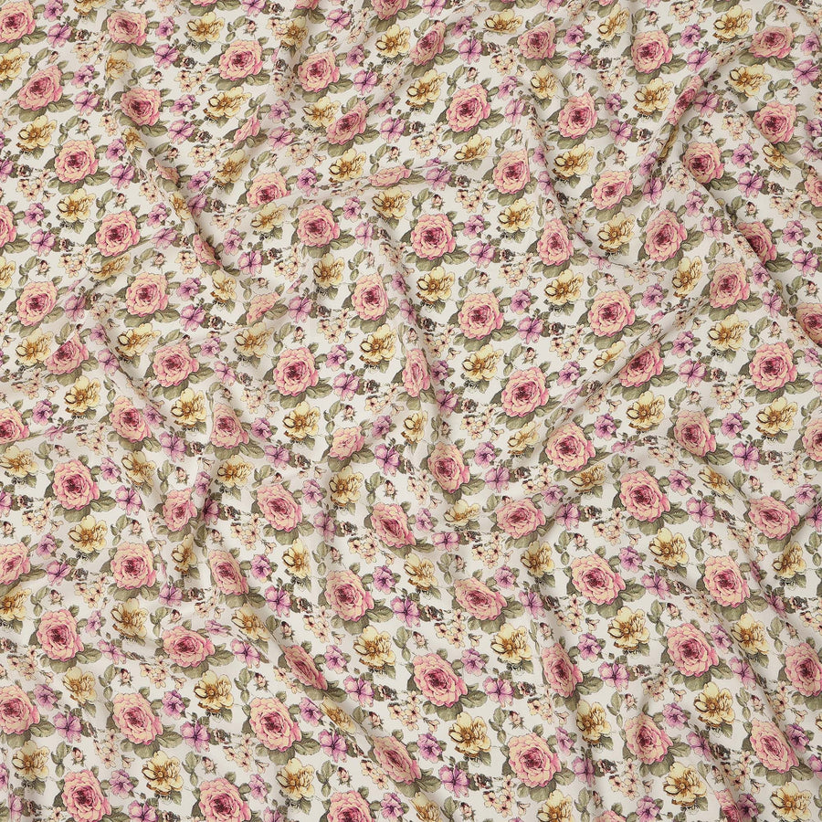 Ivory White Rose Floral Allover Print Premium Silk Crepe Fabric, 110 Cms, India-D26870