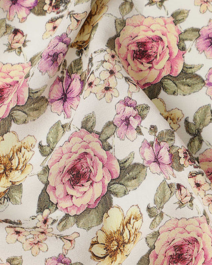 Ivory White Rose Floral Allover Print Premium Silk Crepe Fabric, 110 Cms, India-D26870