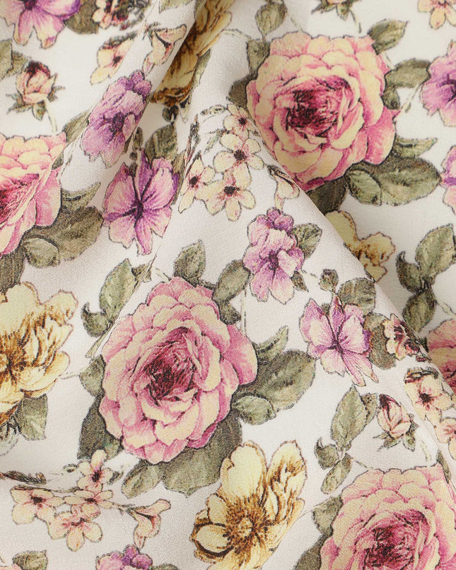 Ivory White Rose Floral Allover Print Premium Silk Crepe Fabric, 110 Cms, India-D26870