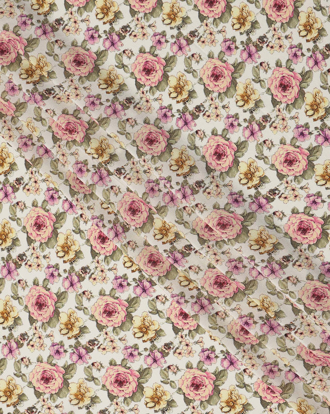 Ivory White Rose Floral Allover Print Premium Silk Crepe Fabric, 110 Cms, India-D26870