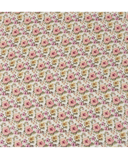 Ivory White Rose Floral Allover Print Premium Silk Crepe Fabric, 110 Cms, India-D26870