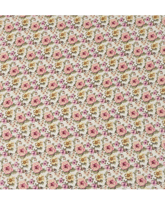 Ivory White Rose Floral Allover Print Premium Silk Crepe Fabric, 110 Cms, India-D26870