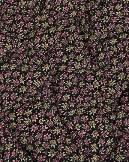 Black Multicolor Leaf Allover Print Premium Silk Crepe Fabric, 110 Cms, India-D26878