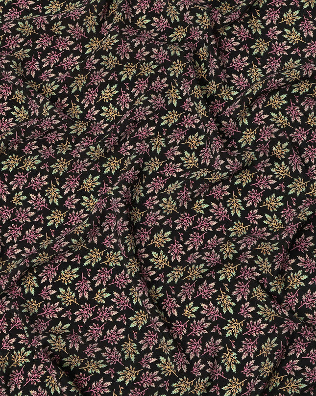 Black Multicolor Leaf Allover Print Premium Silk Crepe Fabric, 110 Cms, India-D26878