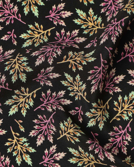 Black Multicolor Leaf Allover Print Premium Silk Crepe Fabric, 110 Cms, India-D26878