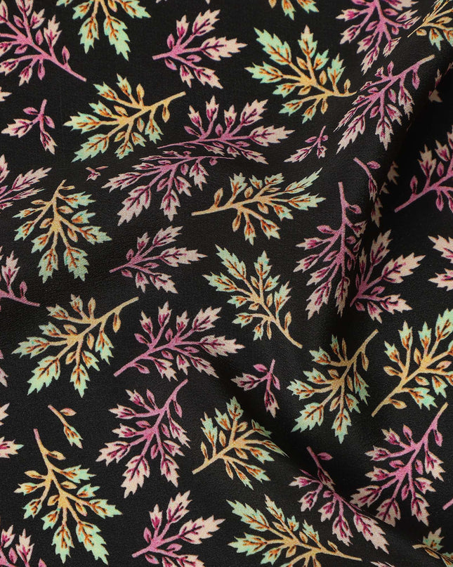 Black Multicolor Leaf Allover Print Premium Silk Crepe Fabric, 110 Cms, India-D26878