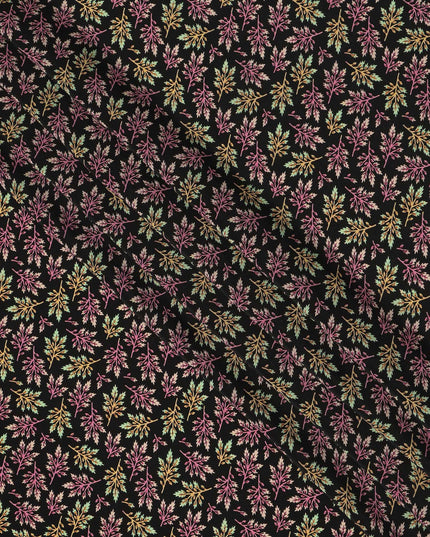 Black Multicolor Leaf Allover Print Premium Silk Crepe Fabric, 110 Cms, India-D26878
