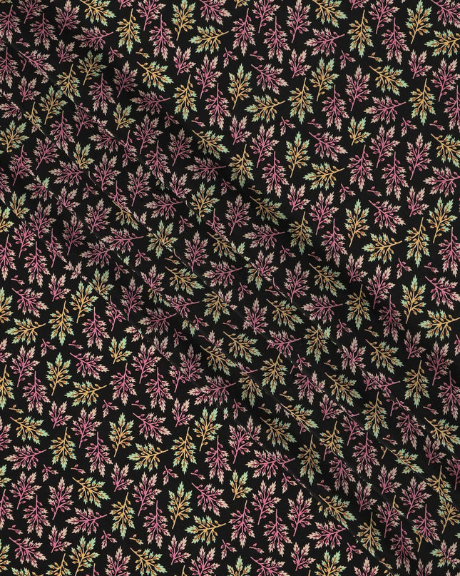 Black Multicolor Leaf Allover Print Premium Silk Crepe Fabric, 110 Cms, India-D26878