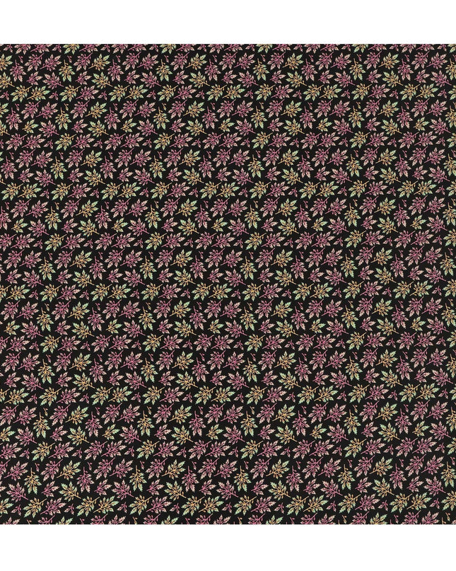 Black Multicolor Leaf Allover Print Premium Silk Crepe Fabric, 110 Cms, India-D26878