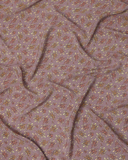 Dusty Lilac Leaf Motif Allover Print Premium Silk Crepe Fabric, 110 Cms, India-D26869