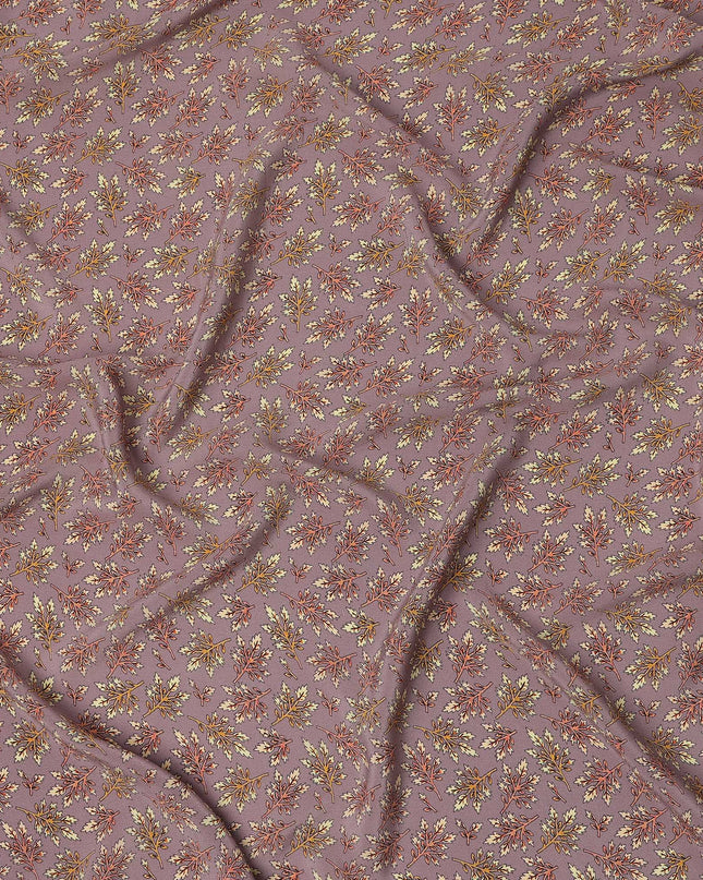 Dusty Lilac Leaf Motif Allover Print Premium Silk Crepe Fabric, 110 Cms, India-D26869
