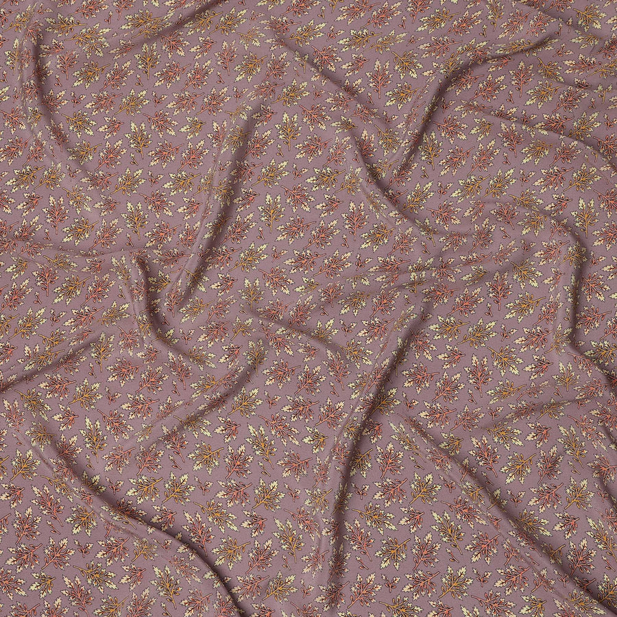 Dusty Lilac Leaf Motif Allover Print Premium Silk Crepe Fabric, 110 Cms, India-D26869