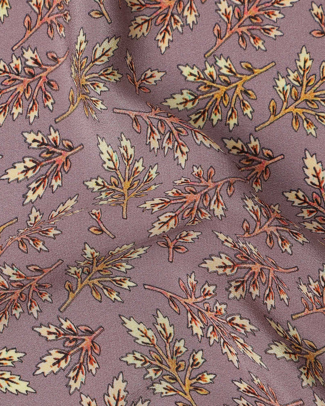 Dusty Lilac Leaf Motif Allover Print Premium Silk Crepe Fabric, 110 Cms, India-D26869