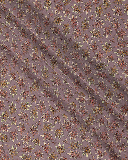 Dusty Lilac Leaf Motif Allover Print Premium Silk Crepe Fabric, 110 Cms, India-D26869
