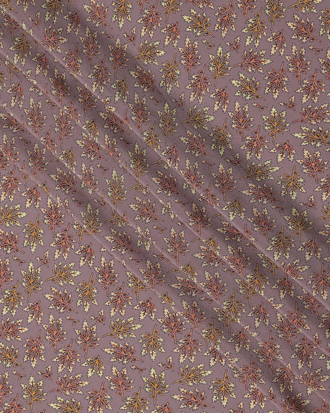 Dusty Lilac Leaf Motif Allover Print Premium Silk Crepe Fabric, 110 Cms, India-D26869