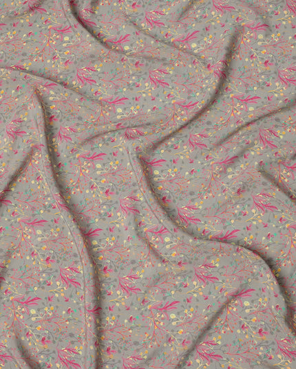 Grey Pastel Botanical Vine Allover Print Premium Silk Crepe Fabric, 110 Cms, India-D26887