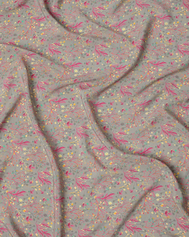 Grey Pastel Botanical Vine Allover Print Premium Silk Crepe Fabric, 110 Cms, India-D26887