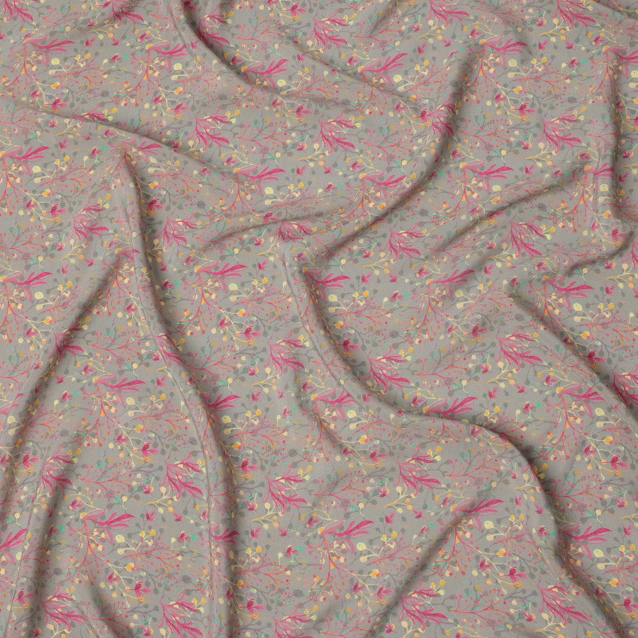 Grey Pastel Botanical Vine Allover Print Premium Silk Crepe Fabric, 110 Cms, India-D26887