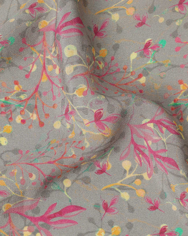 Grey Pastel Botanical Vine Allover Print Premium Silk Crepe Fabric, 110 Cms, India-D26887