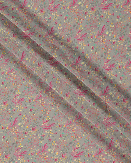 Grey Pastel Botanical Vine Allover Print Premium Silk Crepe Fabric, 110 Cms, India-D26887