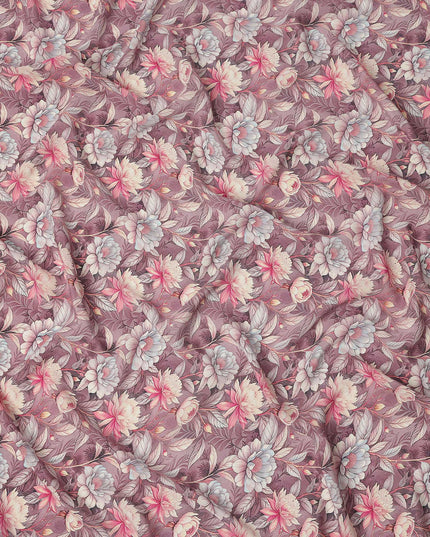 Dusty Mauve Floral Botanical Print Premium Silk Crepe Fabric, 110 Cms, India-D26867
