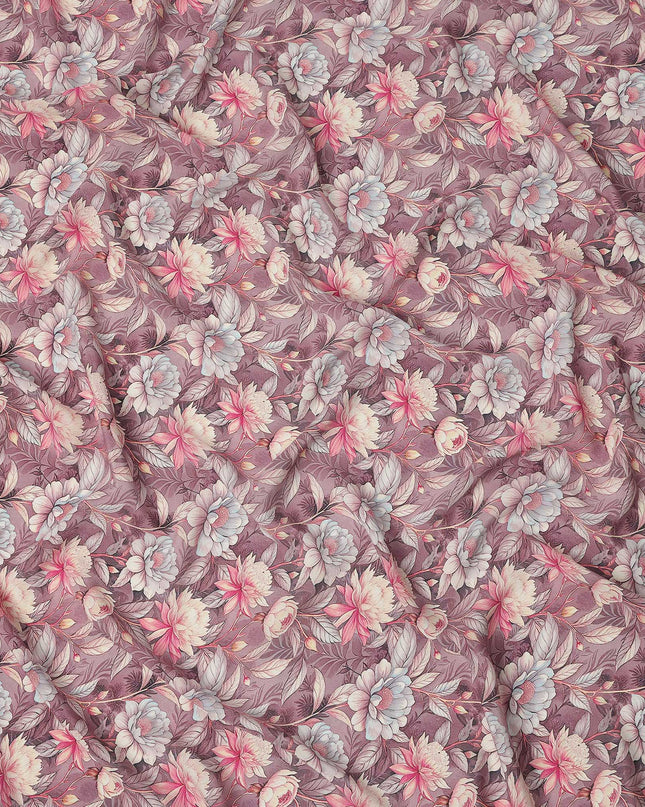 Dusty Mauve Floral Botanical Print Premium Silk Crepe Fabric, 110 Cms, India-D26867