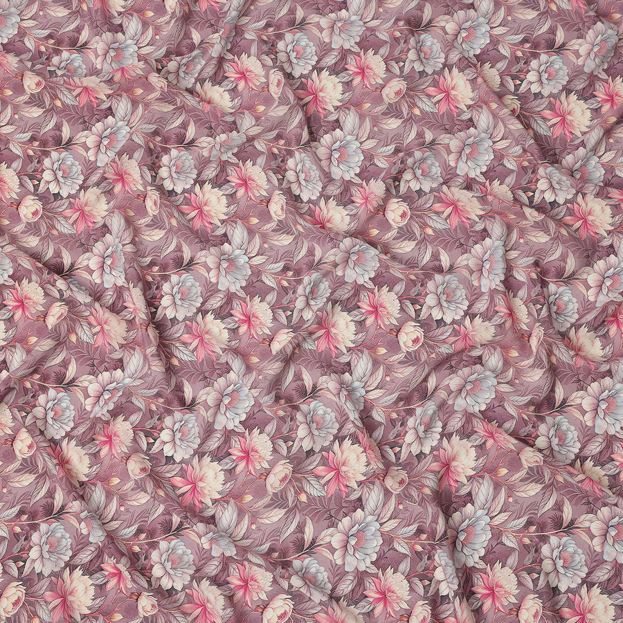 Dusty Mauve Floral Botanical Print Premium Silk Crepe Fabric, 110 Cms, India-D26867