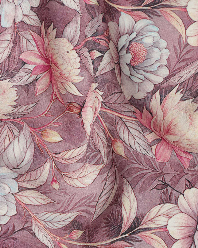Dusty Mauve Floral Botanical Print Premium Silk Crepe Fabric, 110 Cms, India-D26867