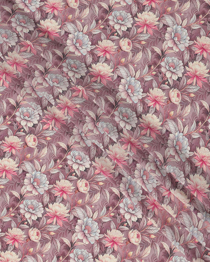Dusty Mauve Floral Botanical Print Premium Silk Crepe Fabric, 110 Cms, India-D26867