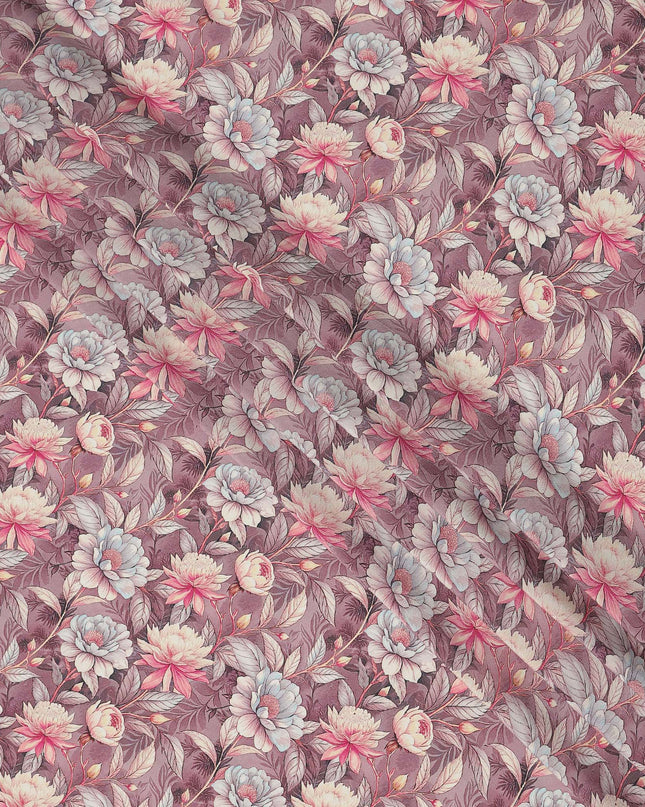 Dusty Mauve Floral Botanical Print Premium Silk Crepe Fabric, 110 Cms, India-D26867