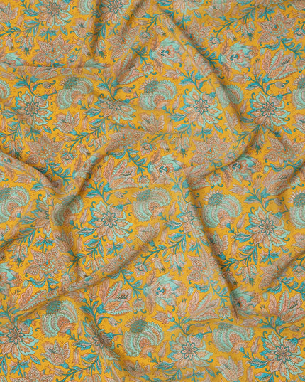 Mustard Yellow Intricate Floral Paisley Print Premium Silk Crepe Fabric, 110 Cms, India-D26877