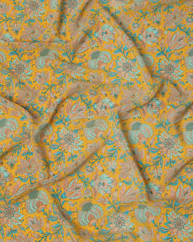 Mustard Yellow Intricate Floral Paisley Print Premium Silk Crepe Fabric, 110 Cms, India-D26877